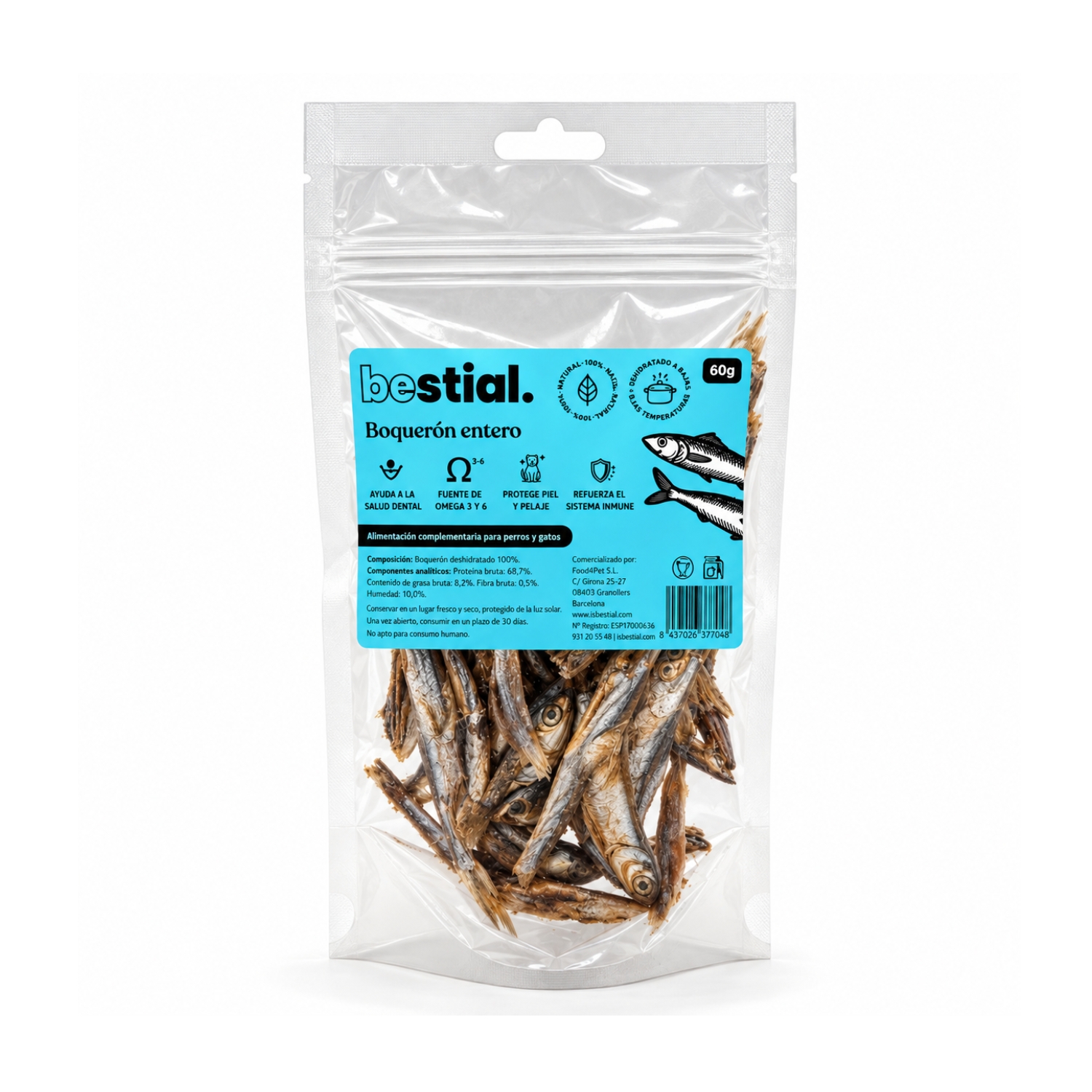 Boquerón entero 60 g Bestial snack natural para perros y gatos