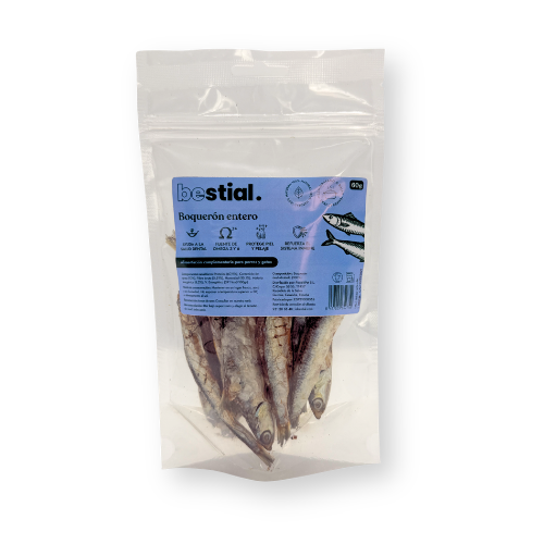 Boquerón entero 60 g Bestial snack natural para perros y gatos
