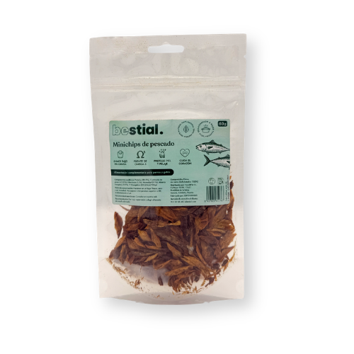 Minichips de pescado 60 g Bestial snack natural para perros y gatos