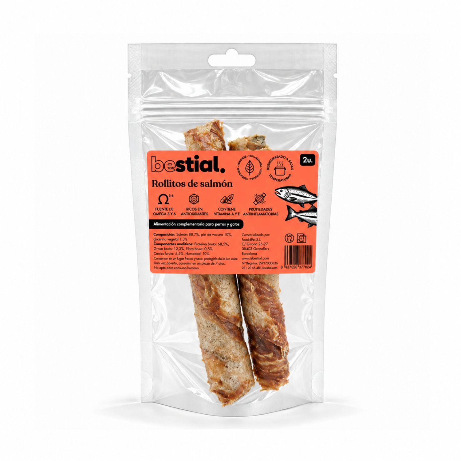 Rollitos de salmón ahumado crunchy Bestial snack para perros y gatos