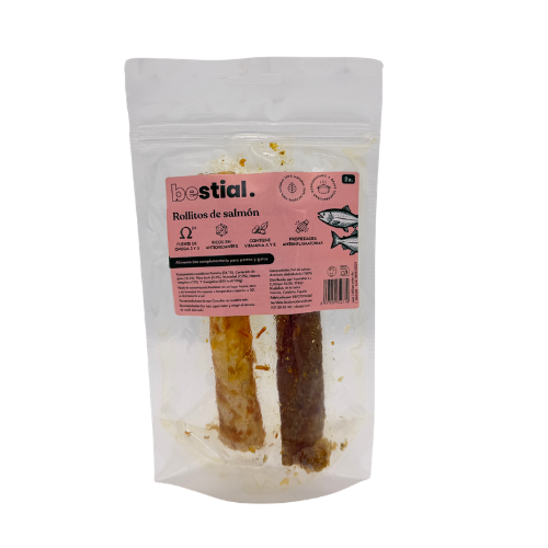 Rollitos de salmón ahumado crunchy Bestial snack para perros y gatos