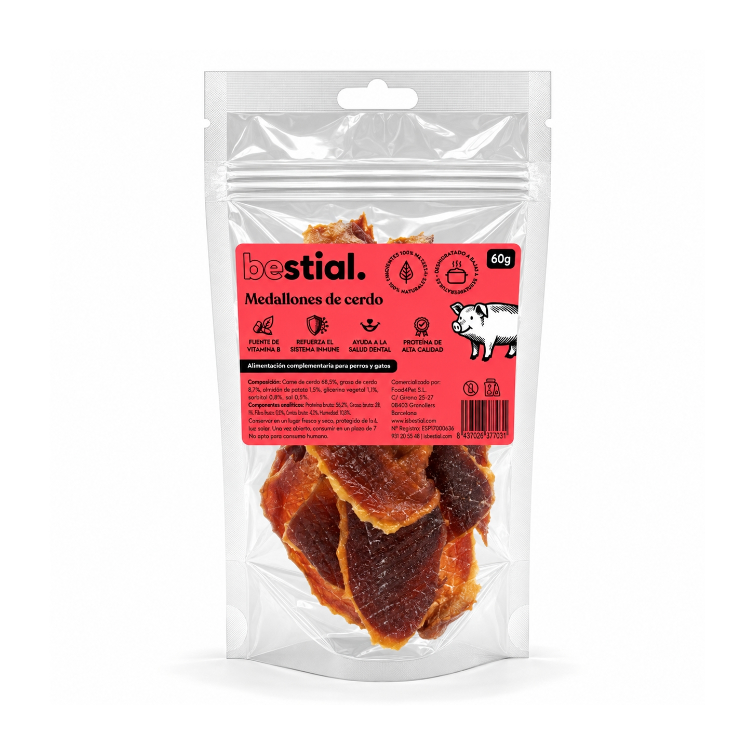 Medallón de cerdo 60 g Bestial snack natural para perros y gatos
