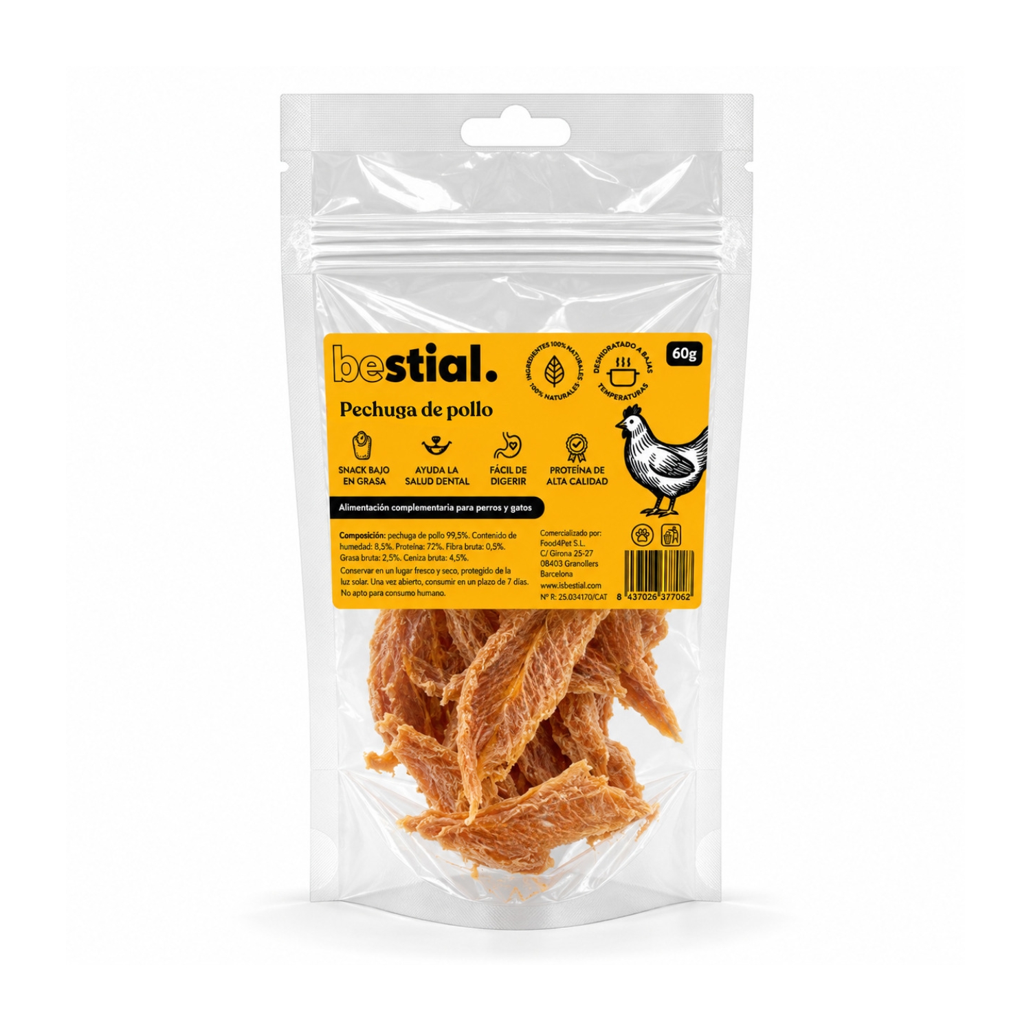 Pechuga de pollo 60 g Bestial snack natural para perros y gatos