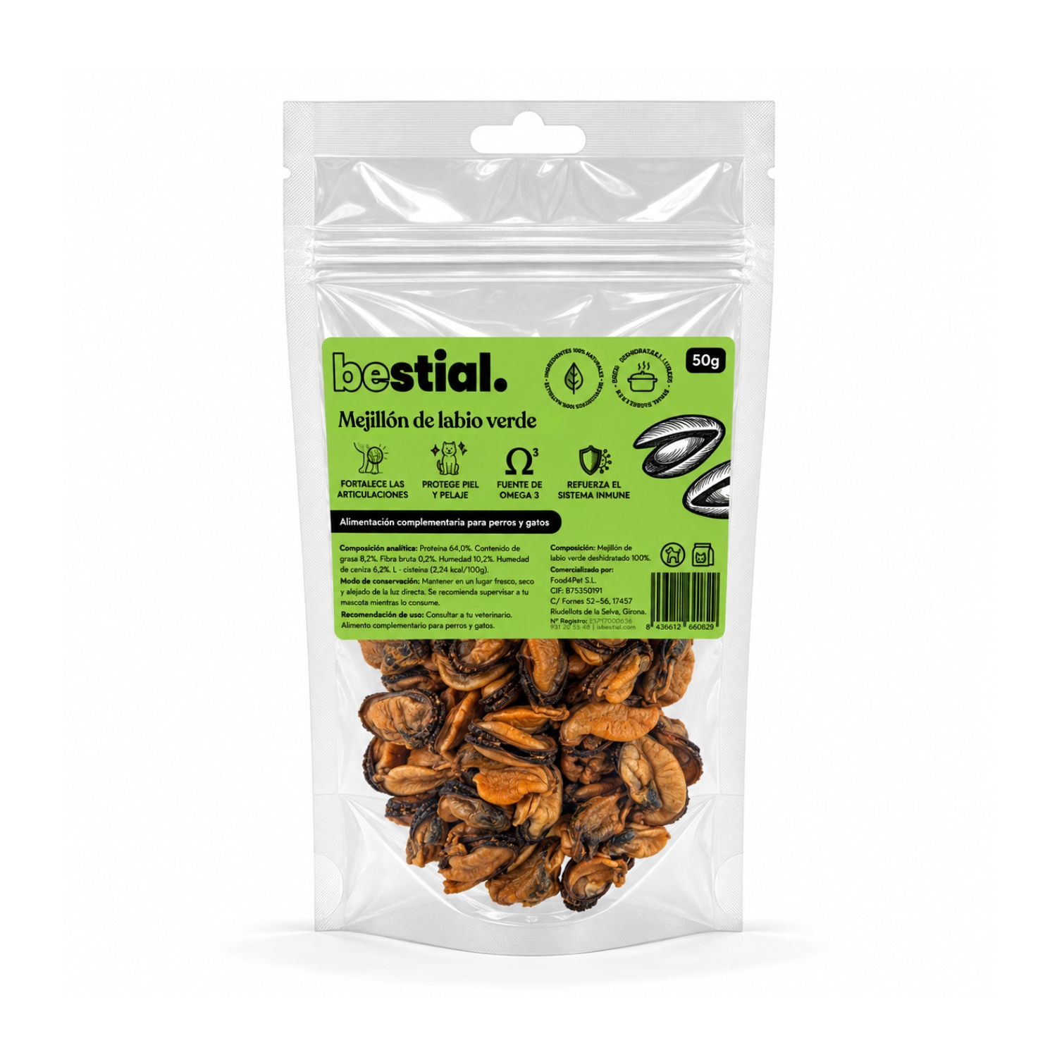 Mejillón de labio verde 50 g Bestial snack natural para perros y gatos