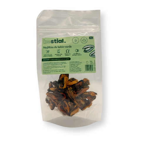 Mejillón de labio verde 50 g Bestial snack natural para perros y gatos